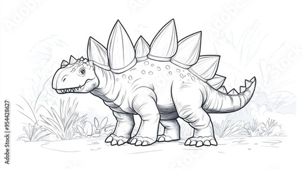 Fototapeta Line art illustration of a Stegosaurus dinosaur for kids to connect the dots and color