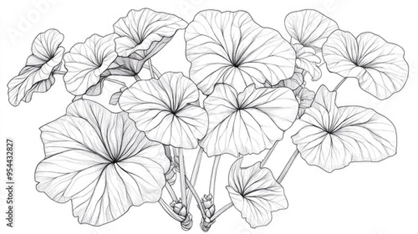 Fototapeta Line art illustration of Begonia Kathyana featuring numerous branches and compact leaves The leaves are large and elongated presented in a vintage drawing or engraving style