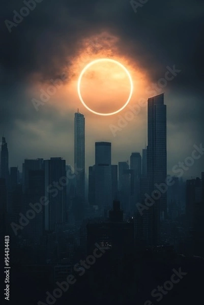Fototapeta Mysterious City Skyline: A Solar Eclipse Casts Shadows and GlowsEnigmatic Light