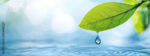 Obraz  A green leaf holds a single drop of water above reflective waters, beneath a blue sky
