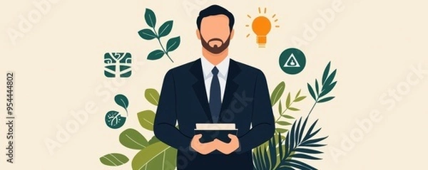 Fototapeta Business leader speaking at a conference with a backdrop of green technology and sustainability icons, Professional, Clean design, High contrast