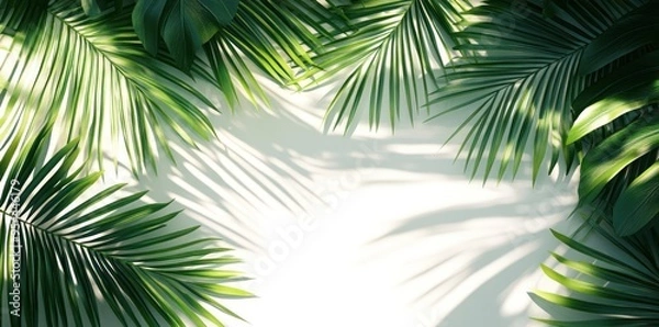Fototapeta Lush Green Palm Leaves Casting Shadows on White Background