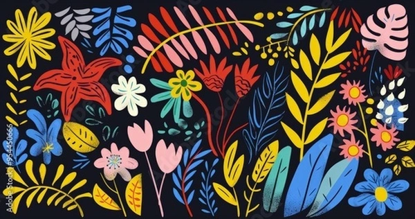 Fototapeta A vibrant floral pattern featuring various colorful flowers and leaves on a dark background.