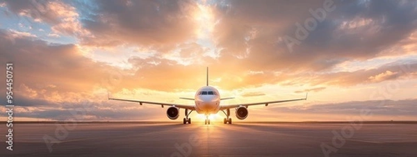 Fototapeta  A large jetliner rests on the tarmac, surrounded by clouds The sun sneaks through cracks in the overcast sky