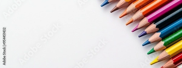 Obraz  A line of colored pencils stacked on a white surface, leaving an empty space in the middle