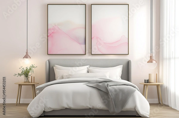 Fototapeta A modern bedroom with light pink and white walls, two vertical frames on the wall above the bed, a pink abstract painting in the frames, a wooden floor