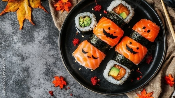 Obraz Halloween-themed sushi like pumpkin Jack o Lanterns. Kid-friendly. Ceramic plate, stone background.
