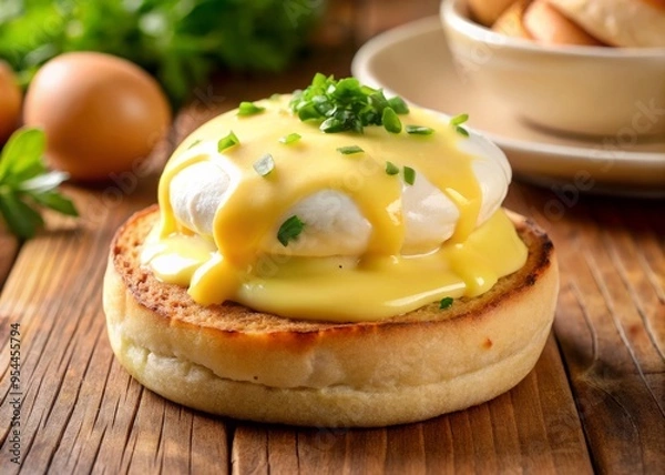 Fototapeta A close-up of the English muffin, toasted to perfection and slathered with a generous helping of hollandaise sauce.
