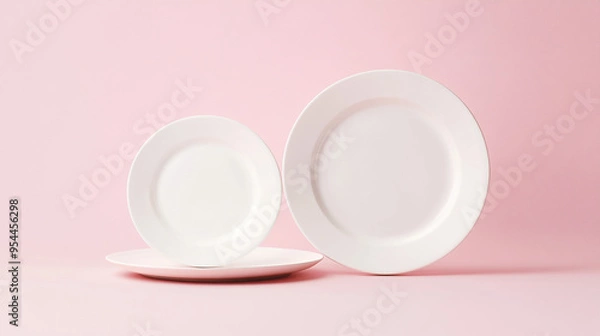 Obraz Set of three white round empty plates isolated on pale pink background