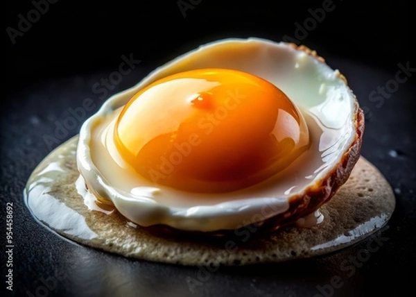 Fototapeta A macro shot of a perfectly cooked egg, with the yolk glistening like sunlight and the white set against a contrasting dark background to emphasize its creaminess.
