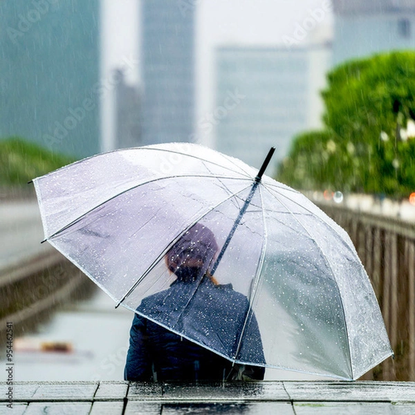 Obraz Rainy day and a person puts up an umbrella.