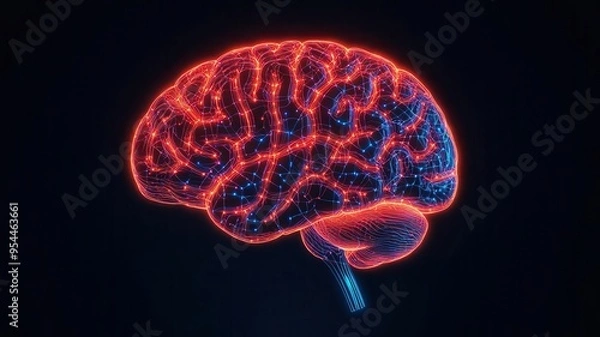 Fototapeta Abstract digital art of a brain composed of glowing bioneural networks and circuits, biomedicine, fusion of biology and tech