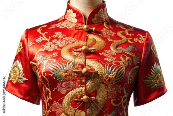 Fototapeta Vibrant red and gold intricately embroidered traditional Chinese silk cheongsam dress with dragon and phoenix motifs, adorned with delicate tassels and ornate silk buttons.