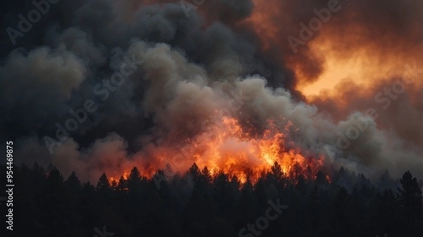 Fototapeta Smoke billowing from a wildfire engulfs the sky as darkness descends.
