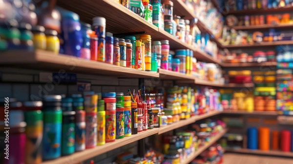 Fototapeta Ultra-realistic close-up of a local arts and crafts store, with shelves filled with colorful