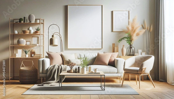 Fototapeta Frame mockup in modern white living room interior.