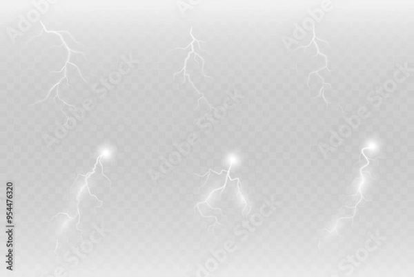 Fototapeta Realistic lightning flash effect, thunderstorm and lightning. Shining white lightning isolated on transparent background, natural phenomenon png.