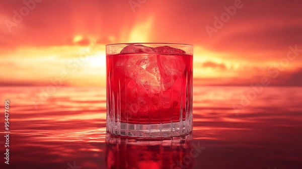 Fototapeta A glass of red liquid with ice cubes in it is sitting on a table by the ocean. The image has a warm, inviting mood, with the ocean and sunset in the background