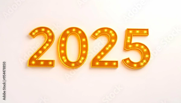 Fototapeta Glowing golden numbers 2025 on white background, representing the new year 2025