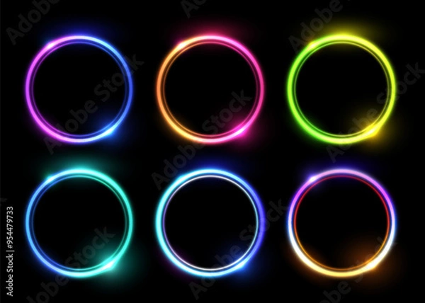 Obraz Vector set of abstract glowing circles with sparkling highlights isolated on black background.