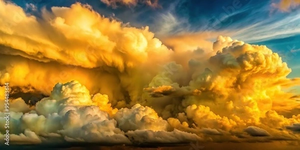 Fototapeta Dramatic avocado-colored sky with thick, rolling clouds, shot from a side angle, illuminated by soft, warm backlight, evoking a mood of calmness, a realistic photo image.