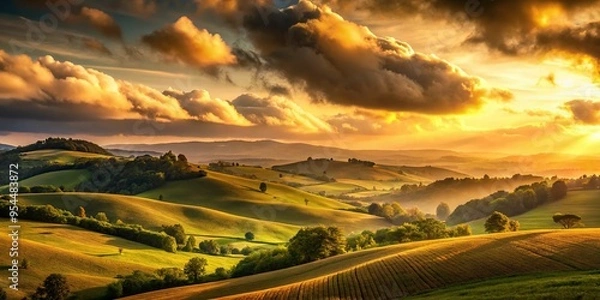 Fototapeta Warm morning light casts a golden glow on rolling hills under a Cocoa Brown sky, dramatic clouds, soft focus, low-angle view, serene mood, a realistic photo image.