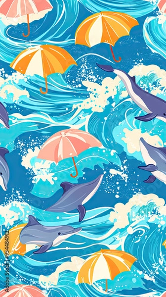 Fototapeta Playful Dolphins Leap Through Waves, Umbrellas Floating Above: A Whimsical Underwater Scene.