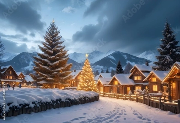 Fototapeta A snowy winter landscape with a large illuminated Christmas tree in the foreground, surrounded by small wooden houses with Christmas lights.