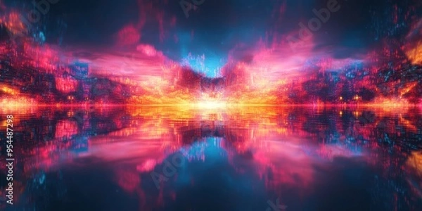 Obraz Abstract Neon Cityscape Reflected in Still Water