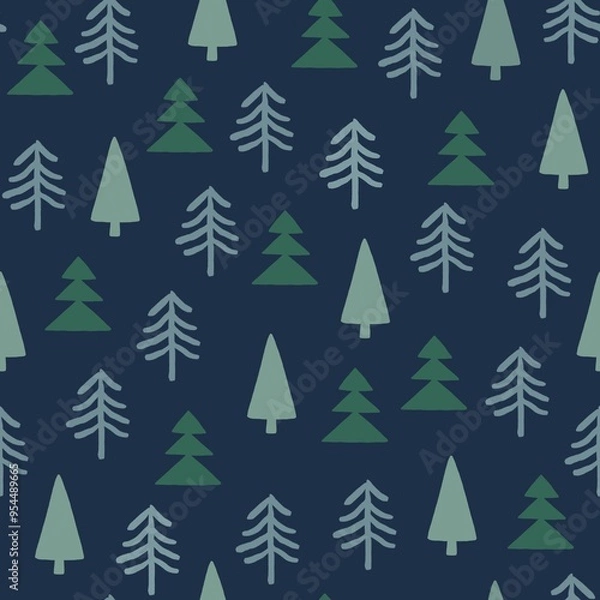 Fototapeta Hand drawn Christmas Tree seamless pattern-navy