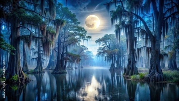 Fototapeta Mysterious, moonlit scene of a cypress swamp, trees reflected in still, dark water, eerie blue-gray atmosphere, Spanish moss hanging like a veil, a realistic photo image.