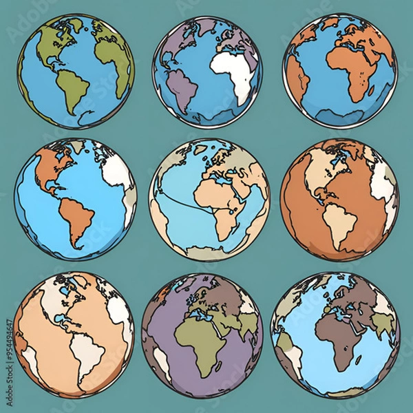 Fototapeta A set of nine illustrated globes in various colors and styles. Each globe features a unique perspective of the Earth, making it a versatile asset for educational or design projects.