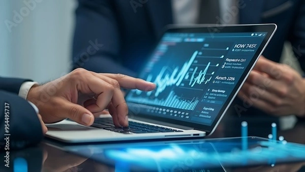 Fototapeta Modern data analysis with digital interface on laptop, showcasing business analytics, charts, and graphs. Perfect for technology, business, and data-driven content.