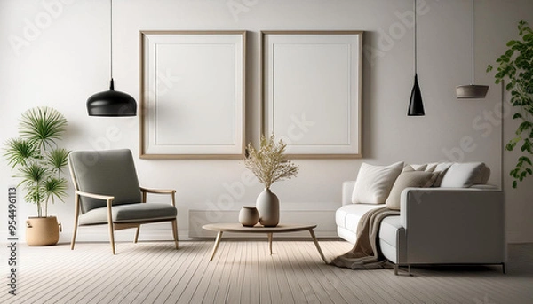 Fototapeta 3d render mockup frame in white simple living room interior background