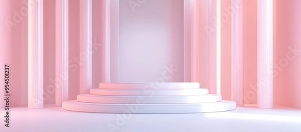 Fototapeta Abstract 3D backdrop featuring a podium on a white surface for showcasing cosmetic and product displays 3D rendered illustration