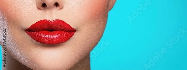 Fototapeta  A woman's face, tightly framed, features bright red lipstick against a backdrop of deep blue