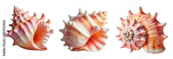 Fototapeta A series of three seashells with intricate patterns isolated on transparent background, png image 