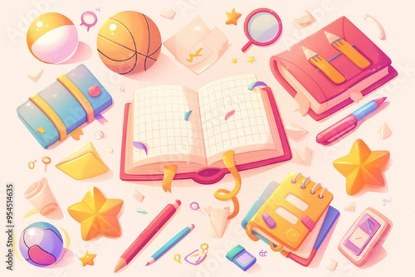 Fototapeta Back to school vibe, icon consisting of books, pencils, basketballs, and other elements for invitations, greeting cards, stickers, labels