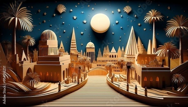 Fototapeta captivating cardboard Egyptian city scene under the moonlight illuminating a starry sky