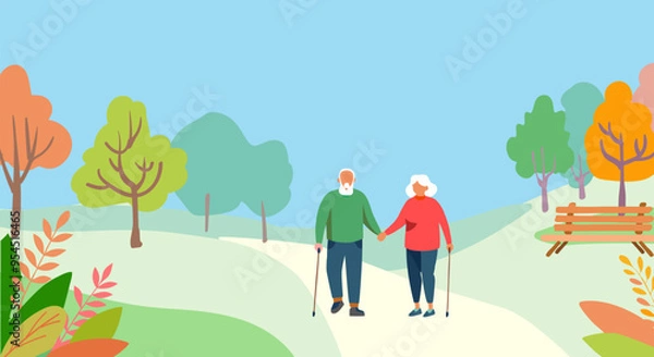 Fototapeta A colorful vector illustration of an elderly couple walking hand-in-hand in a park. The scene is depicted in a flat design style with vibrant colors and abstract trees, perfect for use in designs