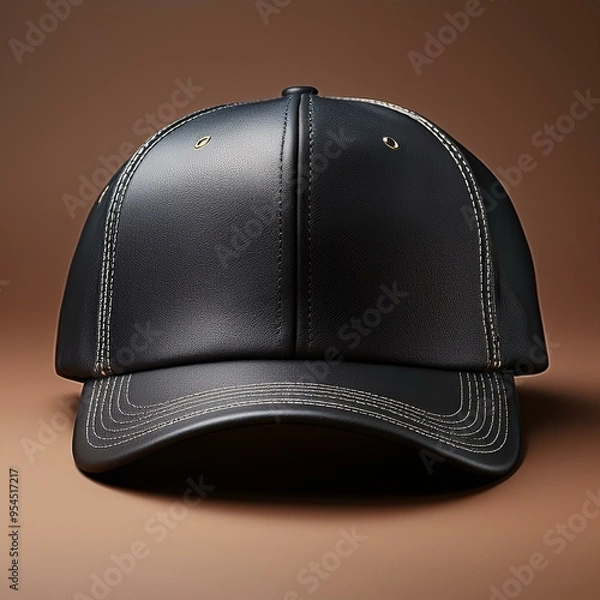 Fototapeta 3D rendering of a black leather baseball cap