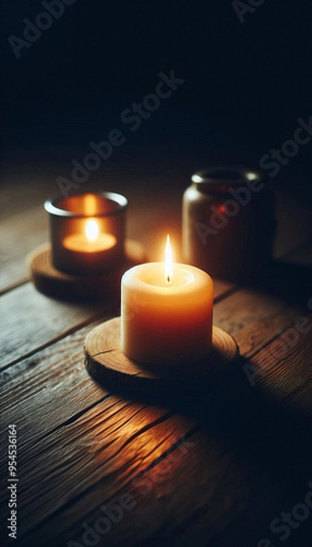 Obraz Close up view of a burning candle on a wooden floor in dim lit room
