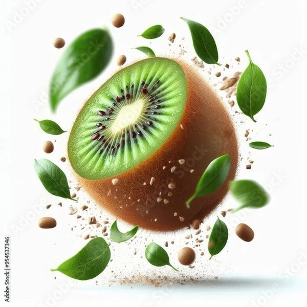 Fototapeta Falling kiwi isolated on white background, full depth of field
