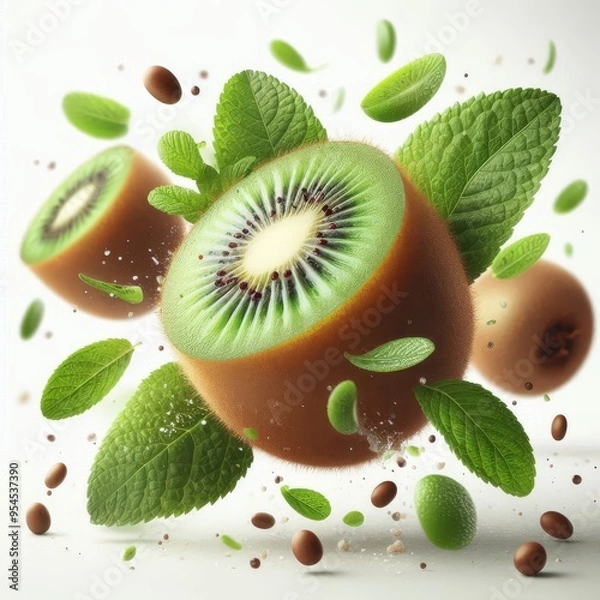 Fototapeta Falling kiwi isolated on white background, full depth of field
