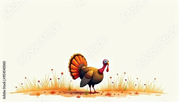 Fototapeta Whimsical turkey illustration standing in a field with colorful grass and flowers, perfect for autumn or Thanksgiving themes.