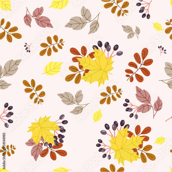 Obraz Autumn seamless pattern with different leaves and berries hand drawn in simple style and seasonal colors. Autumn pattern background texture for print, textile, wrapping paper, wallpaper, web. Vector
