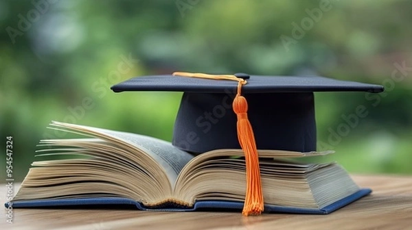 Fototapeta Graduation Cap Resting on an Open Book: Graduation Cap Placed on an Open Book, Symbolizing Academic Achievement and Education