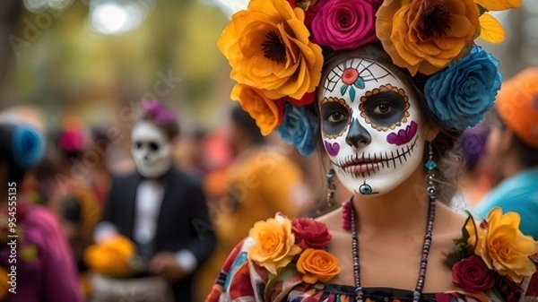 Fototapeta Close up of woman with sugar skull makeup during day of the dead
