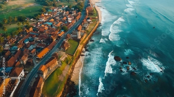 Fototapeta Aerial shot of the vibrant streets and colonial architecture of Galle Fort, with the ocean waves breaking on the ramparts