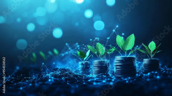 Fototapeta Sustainable economy concept featuring dollar coins, plants, and a growth chart in blue, set against a technological background. The abstract finance and environment banner includes a digital low poly 